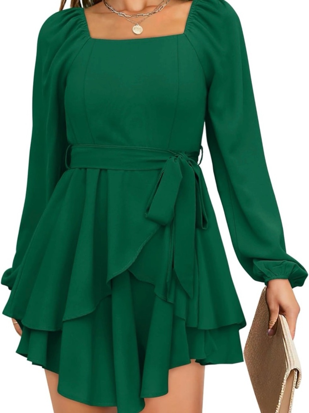Emerald Green Long-Sleeve Ruffle Mini Dress